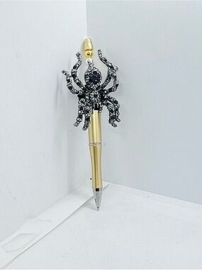 Gold Pen with Black Crystal Spider Accent - Decorative Writing Pen